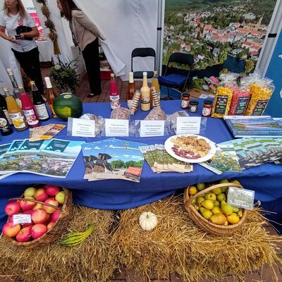 Die Auslage des Messestandes vom Landkreis Oberhavel: Imagebrosch&uuml;ren, Obst, Getr&auml;nke, Brote, Aufstriche und Pasta.